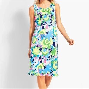 Talbots Multi Floral Print Ruffle Trim Sleeveless Shift Dress Size 4 resort wear